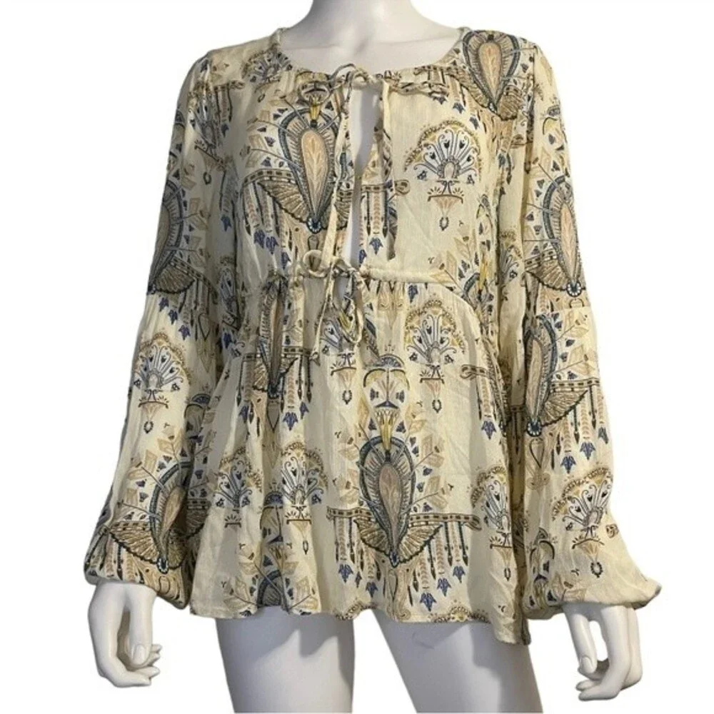 O'Neill Boho Beach Blouse Cover Up Tie Front Long Sleeve Elastic Cuff Size M